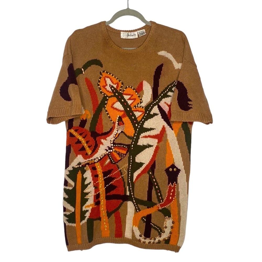 Cedars Women's Brown & Orange Vintage Knit Short-Sleeve Boho Sweater Large